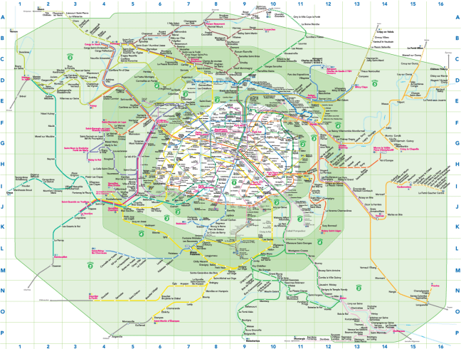This map shows the five fare zones into which the Paris region's transit network is divided. (A PDF of the map is available on the Transilien's website.)